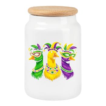 Carnival trio of masked birds - Cookie Jar with Wooden Lid - white - Front