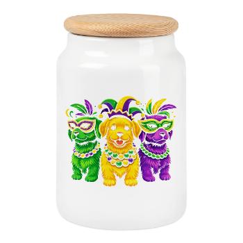Carnival Canines: Mardi Gras Beaded Trio - Cookie Jar with Wooden Lid - white - Front