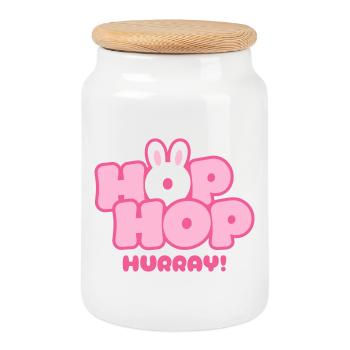Hop Hop Hourra | Motif de la jolie phrase de lapin - Boîte à biscuits avec couvercle en bois - blanc - Devant