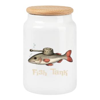 Aquarium – Jeu de mots drôles de poissons - Boîte à biscuits avec couvercle en bois - blanc - Devant