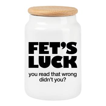 FETS GLÜCK – Ich wette, du hast das falsch gelesen – NUR SPAASS - Keksdose mit Holzdeckel - Weiß - Vorne