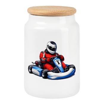 Go-Kart Racer Illustration - Cookie Jar with Wooden Lid - white - Front