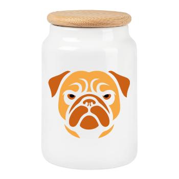 Pug , Dog head - Cookie Jar with Wooden Lid - white - Front