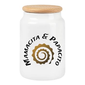 Gold Spiral Gear Logo - Cookie Jar with Wooden Lid - white - Front