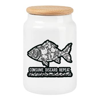 Fish Waste: Consumes Throws Repeats - Cookie Jar with Wooden Lid - white - Front