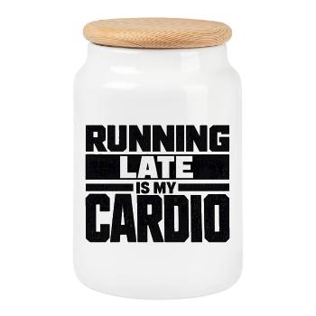 Running Late Is My Cardio Saying Quote - Cookie Jar with Wooden Lid - white - Front