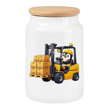 Entrepôt de chariot élévateur dessin animé Pingouin mignon - Boîte à biscuits avec couvercle en bois - blanc - Devant