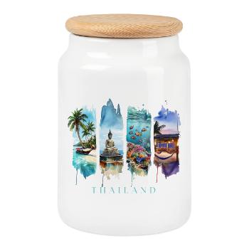 Thailand Vacation Travel – Longtail Boat & Buddha - Cookie Jar with Wooden Lid - white - Front