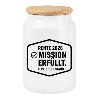 Rente 2026 – Mission erfüllt | Level Ruhestand - Keksdose mit Holzdeckel - Weiß - Vorne