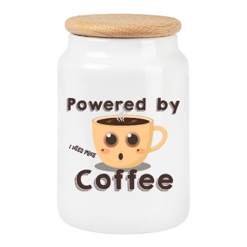 Powered by More Coffee- Coffee Mug - Cookie Jar with Wooden Lid - white - Front