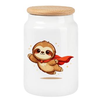 Miniheld Faultier – Superfaultier - Boîte à biscuits avec couvercle en bois - blanc - Devant