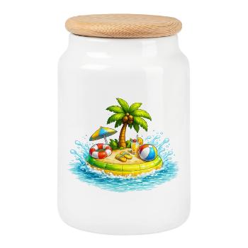 Small island in the sea with palm tree & beach accessories - Cookie Jar with Wooden Lid - white - Front