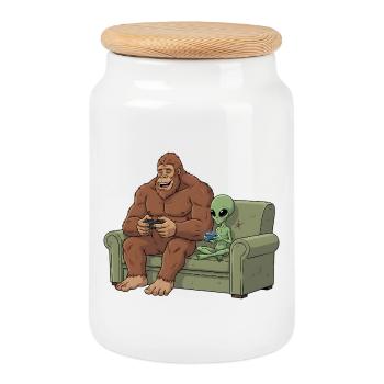 Bigfoot Alien Spielt Videospiel Gaming Sasquatch - Keksdose mit Holzdeckel - Weiß - Vorne