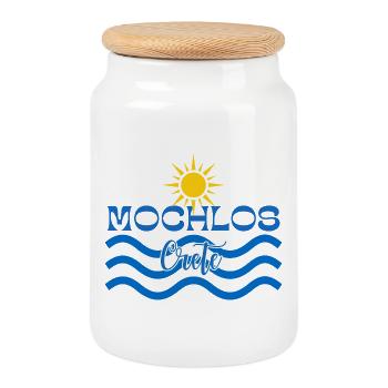 Mochlos Kreta Sonnen- und Meereswellen-Logo - Keksdose mit Holzdeckel - Weiß - Vorne