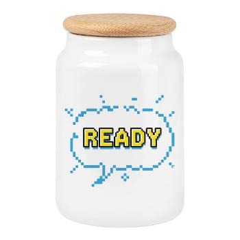 Lettrage READY dans un style pixel comic - Boîte à biscuits avec couvercle en bois - blanc - Devant