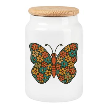 Papillon aux ailes de fleurs - Boîte à biscuits avec couvercle en bois - blanc - Devant