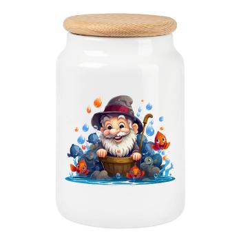 Cheerful fisherman with colorful fish - Cookie Jar with Wooden Lid - white - Front