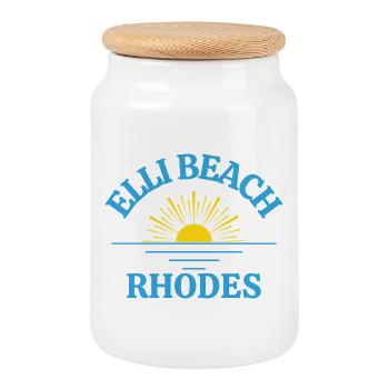 Rhodes Beach Sunrise Logo - Cookie Jar with Wooden Lid - white - Front