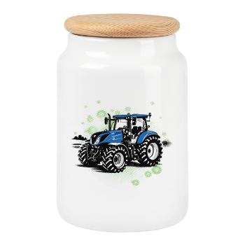 Blauer Traktor – Vintage Halftone Trekker - Keksdose mit Holzdeckel - Weiß - Vorne