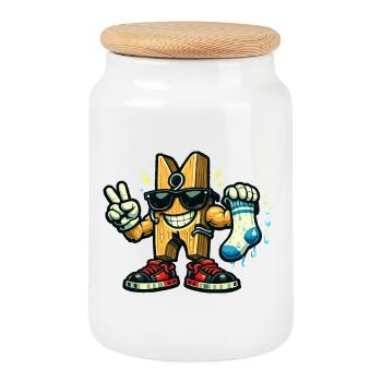 Peg with Sunglasses and Sock - Cookie Jar with Wooden Lid - white - Front