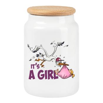 Cigogne avec une petite fille ; « C’est une fille » - Boîte à biscuits avec couvercle en bois - blanc - Devant