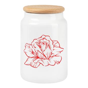 Red Rose Line Art - Cookie Jar with Wooden Lid - white - Front