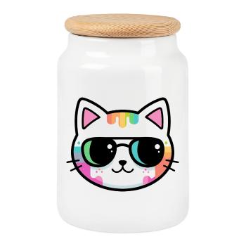 Chat minimaliste arcenciel lunettes noires - Boîte à biscuits avec couvercle en bois - blanc - Devant