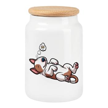 Miniature Bull Terrier Bully Bull Terrier Owner - Cookie Jar with Wooden Lid - white - Front
