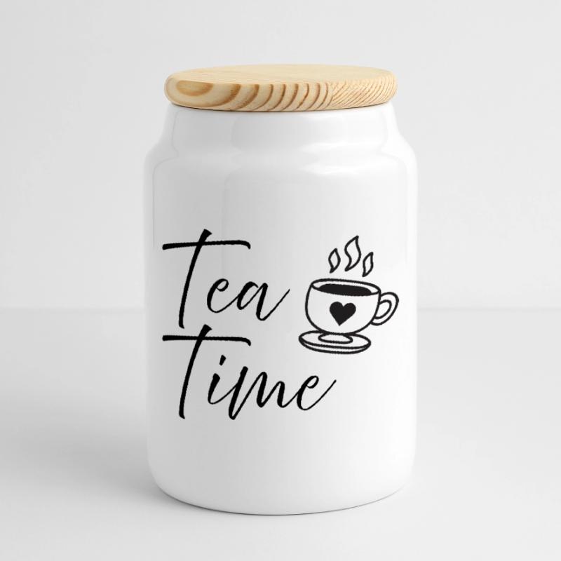 Tea Time Script Quote Cute Coffee Cup Design Cookie Jar with Wooden Lid