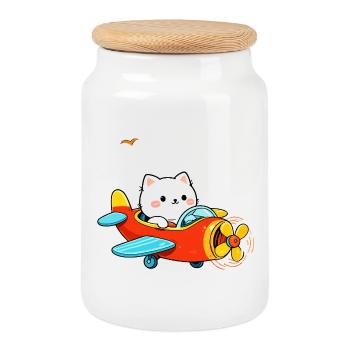 Sweet Cat on plane - Cookie Jar with Wooden Lid - white - Front