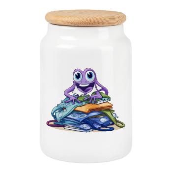 Creative Monster on Stack of Books - Cookie Jar with Wooden Lid - white - Front