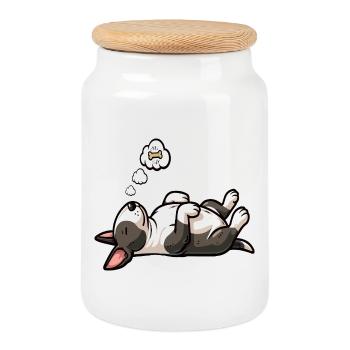 Miniature Bull Terrier Bully Bull Terrier Owner - Cookie Jar with Wooden Lid - white - Front