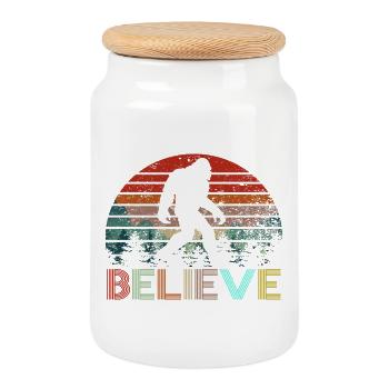 Believe Bigfoot Vintage Retro Sasquatch Gift - Cookie Jar with Wooden Lid - white - Front