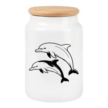 dolphins - Cookie Jar with Wooden Lid - white - Front