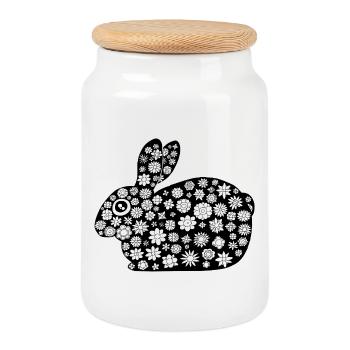 Black rabbit floral pattern - Cookie Jar with Wooden Lid - white - Front