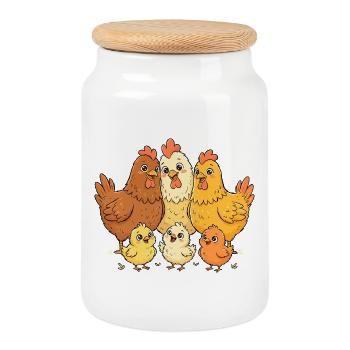 Chicken family - Cookie Jar with Wooden Lid - white - Front