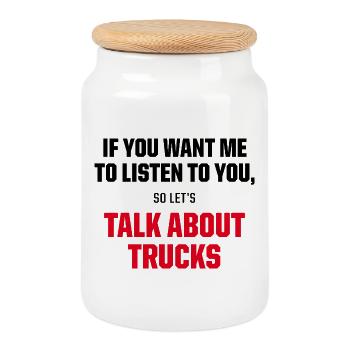 Let's Talk About Trucks Funny Trucker Quote - Keksdose mit Holzdeckel - Weiß - Vorne