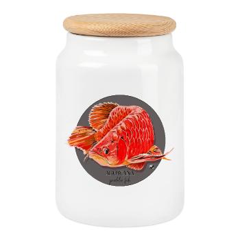 Illustration du poisson Arowana dans un cercle gris - Boîte à biscuits avec couvercle en bois - blanc - Devant