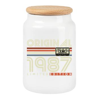 Cadeau rétro vintage d’anniversaire 1987 - Boîte à biscuits avec couvercle en bois - blanc - Devant