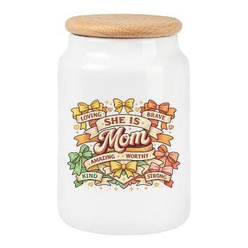 She Is Mom Retro Ribbons & Bows | Mom Gift - Cookie Jar with Wooden Lid - white - Front