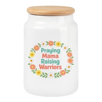 Praying Mama Raising Warriors | Flower Wreath - Cookie Jar with Wooden Lid - white - Front
