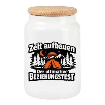 Zeltaufbau Beziehungsquiz - Keksdose mit Holzdeckel - Weiß - Vorne