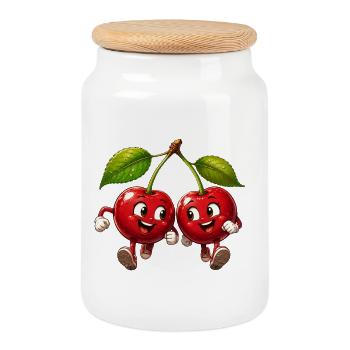 Friendly cherries - Cookie Jar with Wooden Lid - white - Front