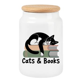 Cats & Books Cozy Stack - Cookie Jar with Wooden Lid - white - Front