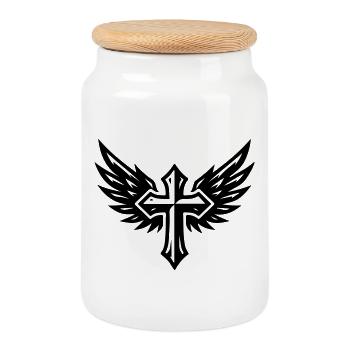 Kreuz Flügel Symbol - Keksdose mit Holzdeckel - Weiß - Vorne