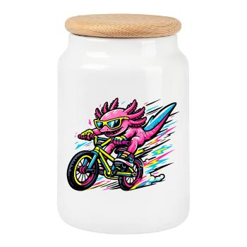 Neon Axolotl on the Bike - Cookie Jar with Wooden Lid - white - Front