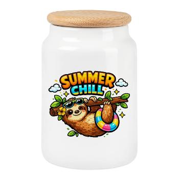 Summer Lounging Sloth Cartoon - Cookie Jar with Wooden Lid - white - Front