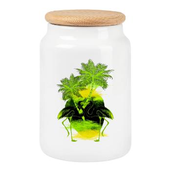 Palm flamingo green yellow - Cookie Jar with Wooden Lid - white - Front