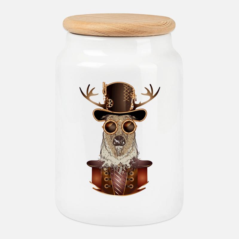 Steampunk Hirsch mit Zylinder Hut und Brille - Keksdose mit Holzdeckel - Weiß