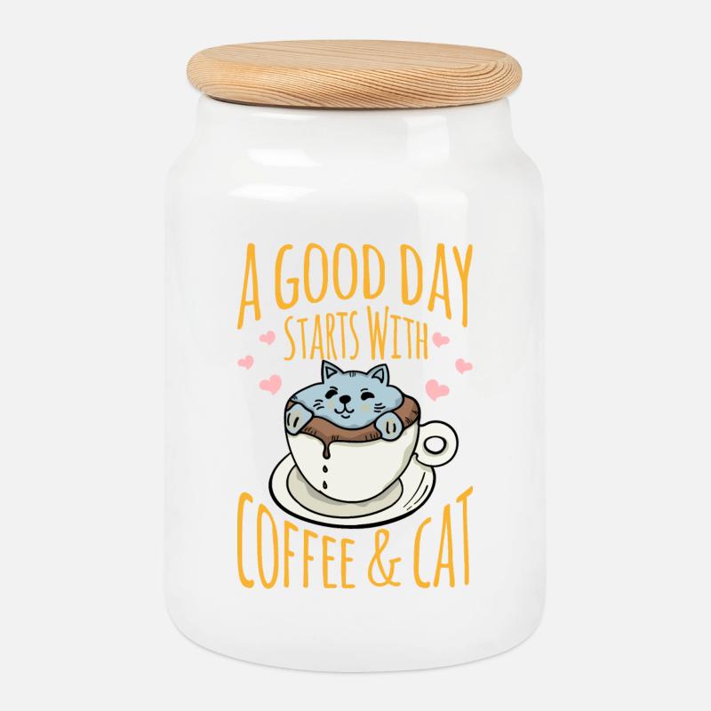 Katze in der Kaffeetasse mit positiver Botschaft - Keksdose mit Holzdeckel - Weiß